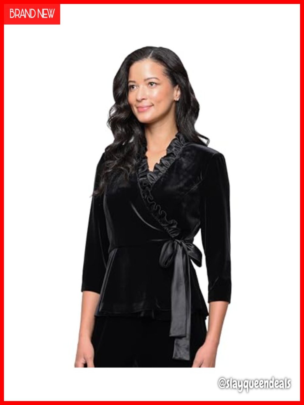 Stretch Velvet Blouse 3/4 Sleeve Ruffle Collar Tie Waist Evening Top